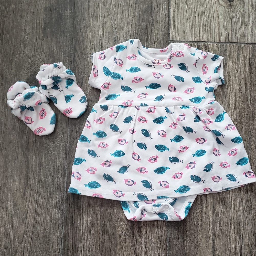 Zutano 12 months fish print skirt romper and adjustable booties